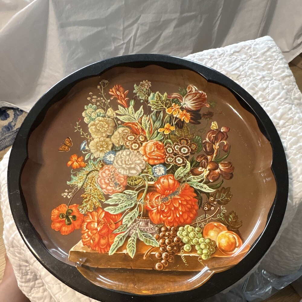 Daher Decorated Fall Ware Round Floral Metal Tin Serving Tray Scalloped Edge